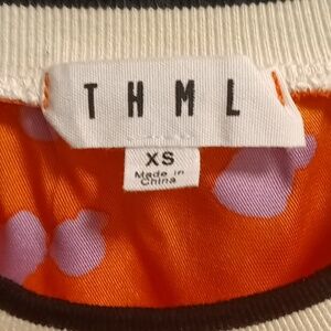 THML polyester orange/lavender splotched blouse w puffer sleeves/crewneck XS